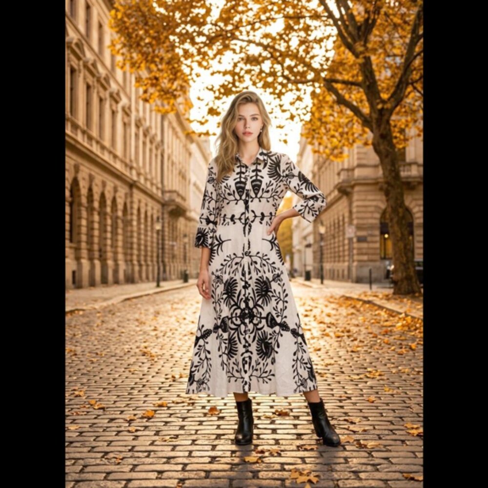 Zara Black & White Floral Print Midi Shirt Dress – Size XS, Immaculate condition